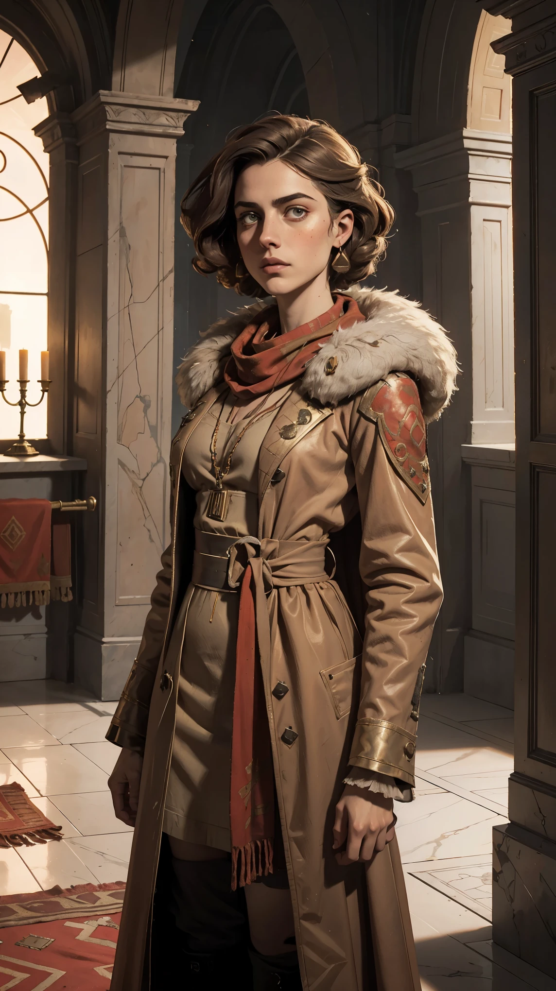 professional photo of Margaret Qualley as an empire administratum noblewoman, marqual, ulrika, perfect eyes, wearing (wearing dirty beige coburn great coat over a red desert travel dress), colorful Shemagh scarf, warhammer 40k, highly detailed, marqual, medium length curly bob hair, Watercolor expressionist, disco elysium, dishonored, concept art style, dave mckeans, Warren Ellis and illustrated by Ben Templesmith, standing in a huge palace hall with marble pillars that is covered in deset dust, ((upper body portrait))