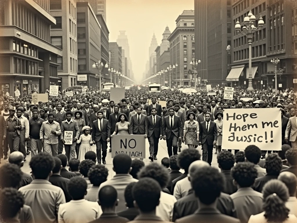 A peaceful protest for the civil rights, 60's, black people reclaiming their rights, men and women and children together, a crowd moving peacefully, martin luther king parade washington dc, black and white, 60's vintage clothing style, to be used as a background, Masterpiece, Best Quality, 8k