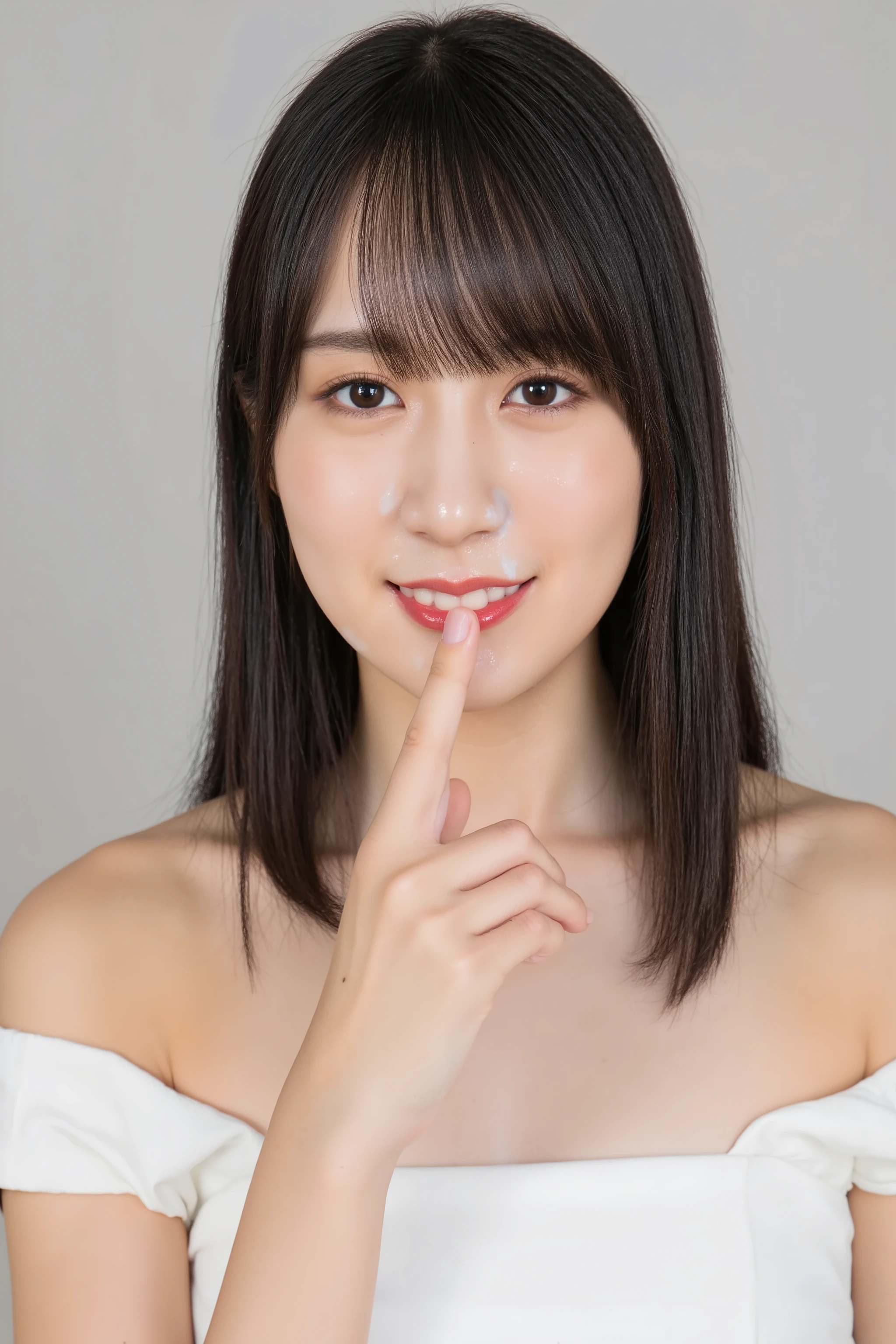 A high resolution photograph of a Japanese young woman in off-shoulder dress, fashion shoot, portrait, upper body, face focus, medium length black hair with bangs, snow-like skin, fine-textured skin, (cum facial, woman with cum on her face, white cum on face, bukkake:1.2), fingers brushing own lips, joyful expression, looking at the camera, (front view, view from below), detailed hand, detailed fingers, perfect hand,