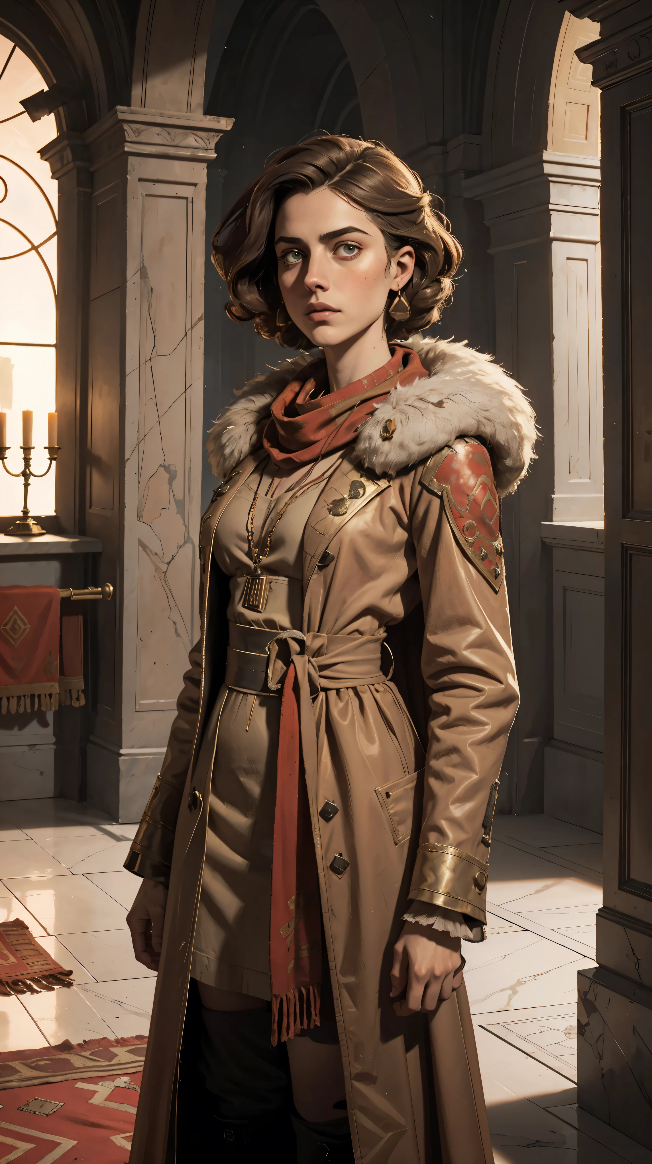 professional photo of Margaret Qualley as an empire administratum noblewoman, marqual, ulrika, perfect eyes, wearing (wearing dirty beige coburn great coat over a red desert travel dress), colorful Shemagh scarf, warhammer 40k, highly detailed, marqual, medium length curly bob hair, Watercolor expressionist, disco elysium, dishonored, concept art style, dave mckeans, Warren Ellis and illustrated by Ben Templesmith, standing in a huge palace hall with marble pillars that is covered in deset dust, ((upper body portrait))