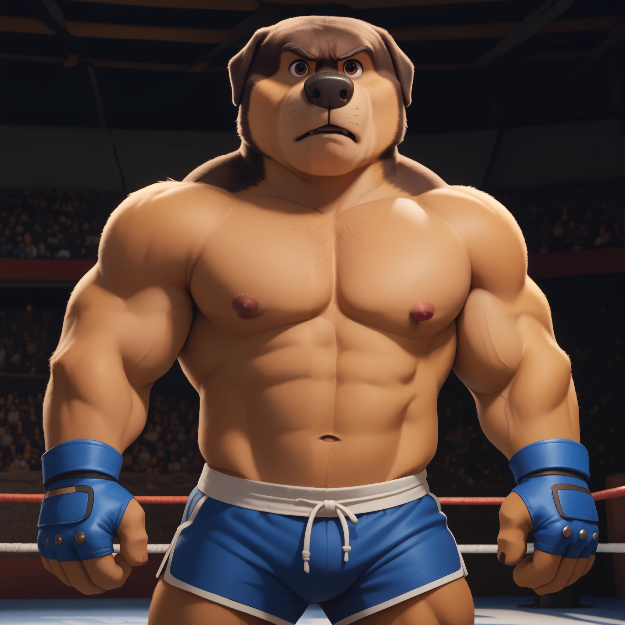 score_9, score_8_up, score_7_up, cartoon_style, ((by BodiPhant0m)), byBodiRDz, 4k, 8k, The best quality, very well drawn, detailed, high quality, detailed, 4k, high resolution, high quality, high resolution, Khampa, detailed, high quality, detailed, 4k, high resolution, high quality, high resolution, furry character, canine, 2d, solo, fighting arena background, rockdog, khampa, style rock dog, movie style, style[rockdog], rockdog, male, Tibetan mastiff, mastiff, dog boy, dog, khampa, Tibetan Mastiff with brown-and-tan fur with tan fur on his muzzle, hands, feet, black nose, brown eyes, middle aged muscular, Height: 6'10", Weight: 358lbs, shirtless, black MMA shorts with green slits, MMA gloves with knuckle pads, stances, (glare), seething 