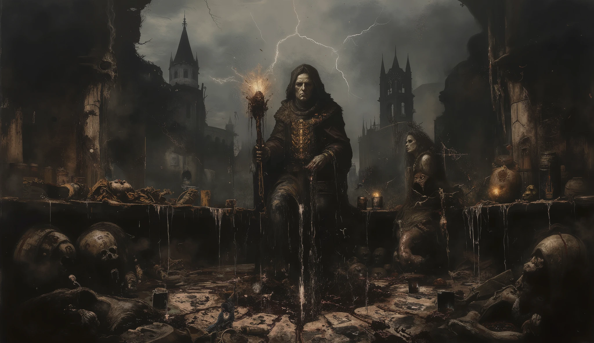 A dark medieval panoramic scene. in the center, An imposing wizard , his figure wrapped in a cloak that seems to pulsate with life of its own, covered by brilliant runes that emanate an evil energy. Your eyes are pits of darkness, and he holds a staff made of intertwined bones, with a skull on top, from which a viscous black liquid flows.
At your feet, the warrior woman kneeling in submission, with an expression of conflict between fear and fascination. Her armor is cracked , revealing burned rune marks on her skin, as if under a spell. Around them, The floor is covered by a circle of ritualistic symbols drawn with blood, and skeletal hands emerge from the ground, trying to grab the warrior.
In the background, of a ruined Gothic fortress, with towers that seem to pierce the sky, adorned with gargoyles that come to life under the light of lightning. Wooden barrels are scattered, leaking a thick black beer that mixes with blood on the ground, creating a disturbing contrast . The liquid forms patterns that resemble eyes observing the scene. there are mugs of dark and thick beer scattered and mixed with brewing equipment, Like fermenters. The scene practically represents a satanic ritual for the production of medieval beer.
