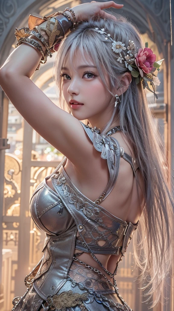 Realistic, Hyper Detail, Girls Only, Layered Bob, Dynamic Lighting, ((Bold imaginative pose)), (Glossy skin: 1.5), Masterpiece, Top Quality, Absurdity, Watching Viewer, (Blonde and Pink Hair), deep Purple Clear Eyes,((Beautiful, detailed eyes, jewel-like eyes, colorful eyes, sparkling eyes:1.3)), Slender, High Resolution, Sharp Focus, Depth of Field, Detail Eyes, Sharp Eyes, (Realistic Eyes)), outdoors, sunrise sky, (attractive delicate design river trimmed lace dress, (intricately patterned silver armor wearing): 1.3))