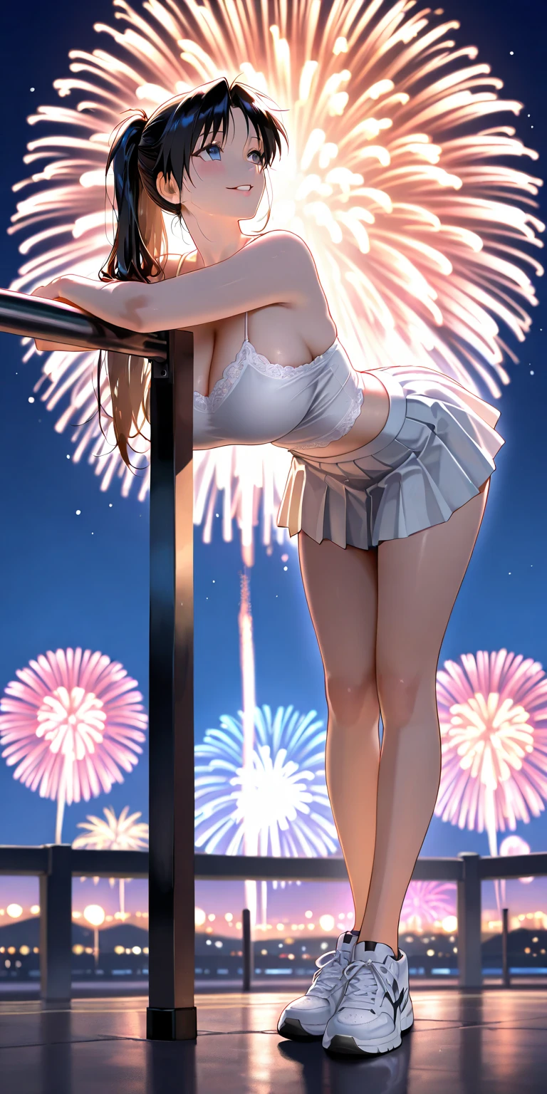 ((Naked))、(Small breasts and visible nipples)、Highest quality、Cinematic lighting、Show your back、Backward view、Fine Lines、Delicate body、Mid-chest、Slender body、Beach at night、Fireworks are going off