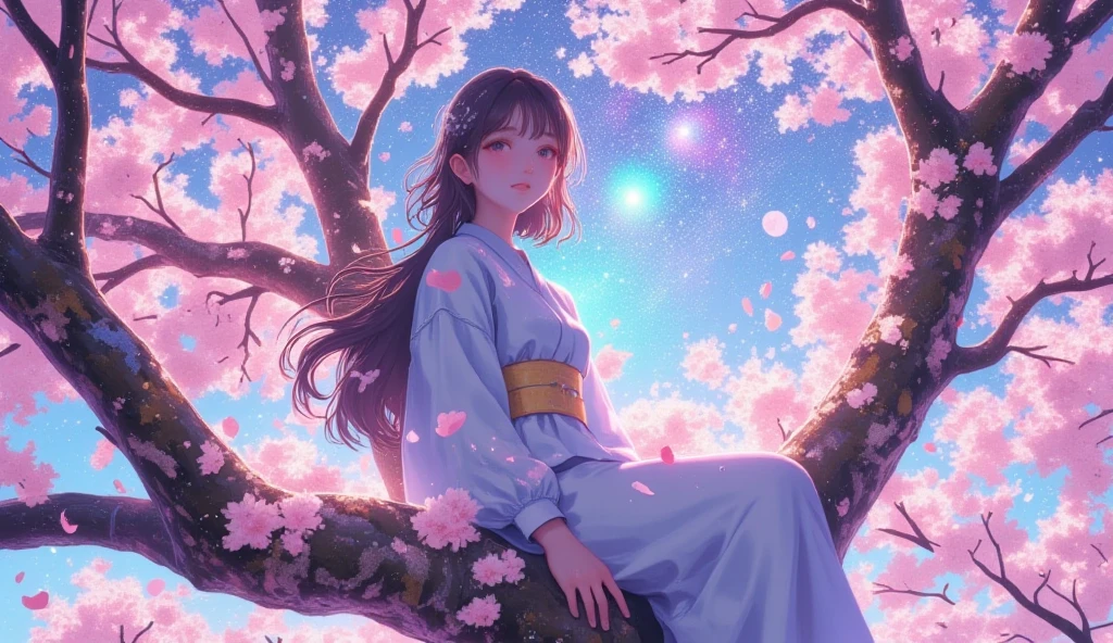 8k、Fantastic Scenery。One big cherry。
Girl sitting on a cherry tree trunk。Kimono-style clothing。in bed looking up at the sky。
cherry blossom petals are dancing。
starry sky、Fantastic light in the back of the background。