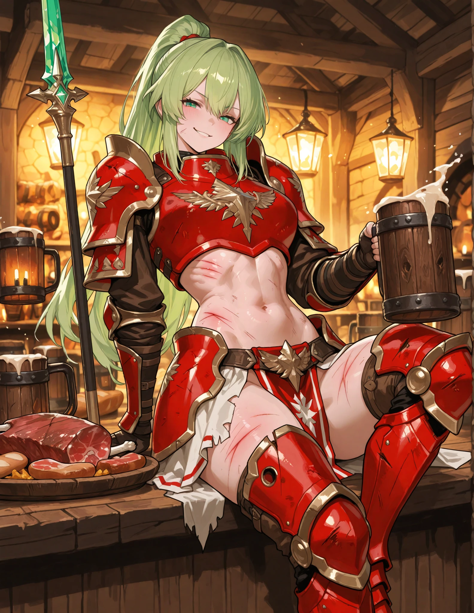 Solo,female goblin,green skin, short stack, short red messy hair, leather bikini armour, holding axe, standing, legs spread, masterpiece high-quality
