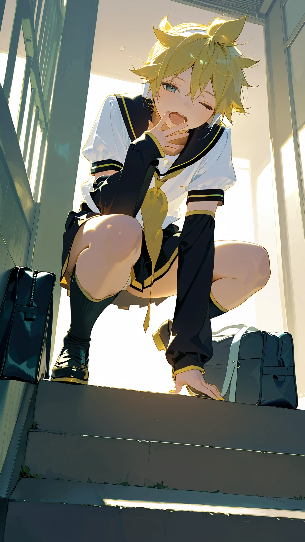 score_9, score_8_up, score_7_up, score_6_up, score_5_up, (masterpiece, best quality), ultra detailed, photorealistic, masterpiece, best quality, high resolution, 1boy, lothed school uniform, school bag, school, main gate, smile, from below, looking at viewer, squatting, one eye closed, big yawning, wide open mouth, tear, sleepy, cover one's own mouth with one's hands, (kagamine len:1.2), Short