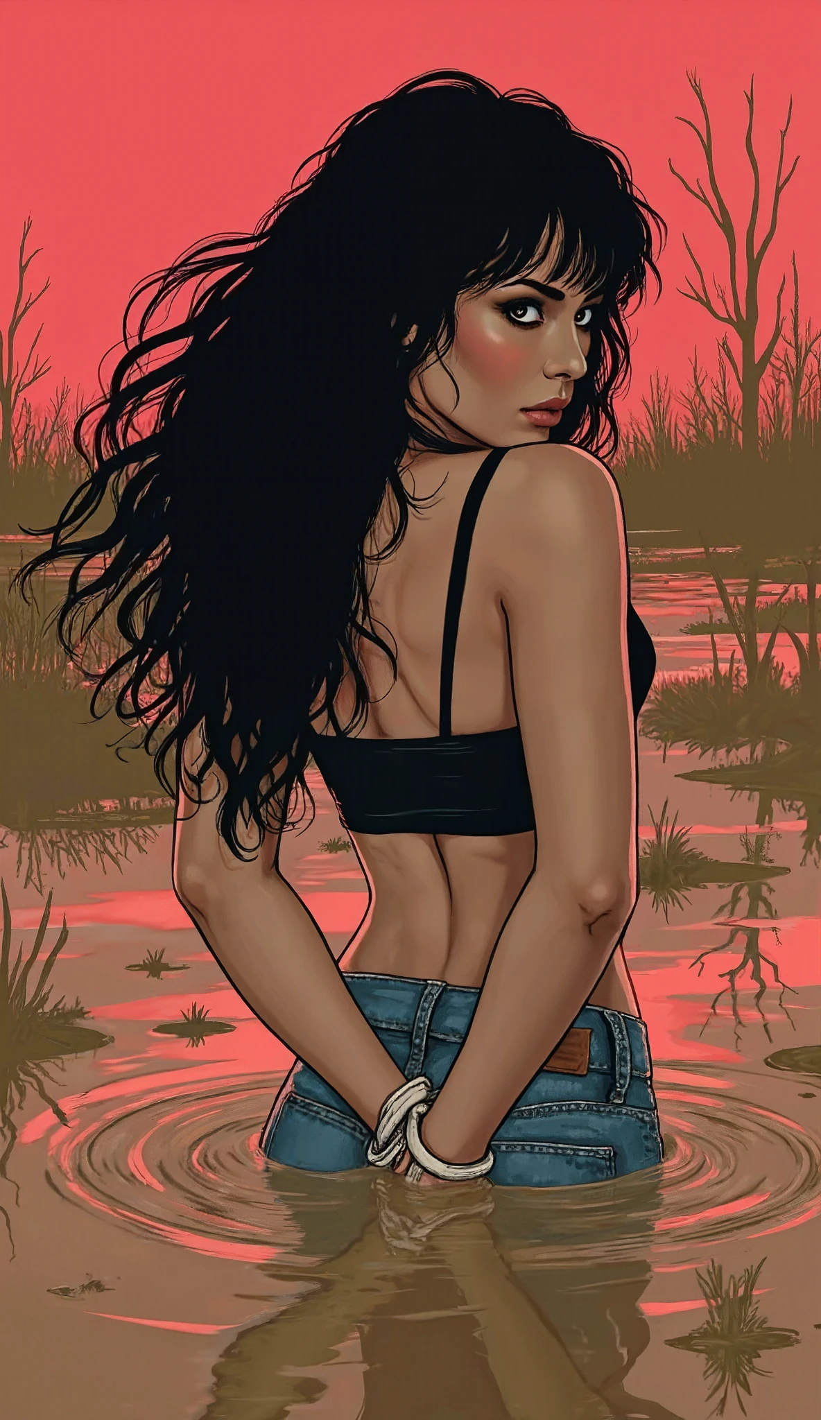 Masterpiece, Best quality, минимализм card wording "drowning style", Art , jeans, crop-top, passionate vulnerable diva , stuck in a mudswamp, hands behind your back, sexual tension, line graphics aesthetics , bob square,panic , minimalist, flowing black hair, pop culture, graphic design