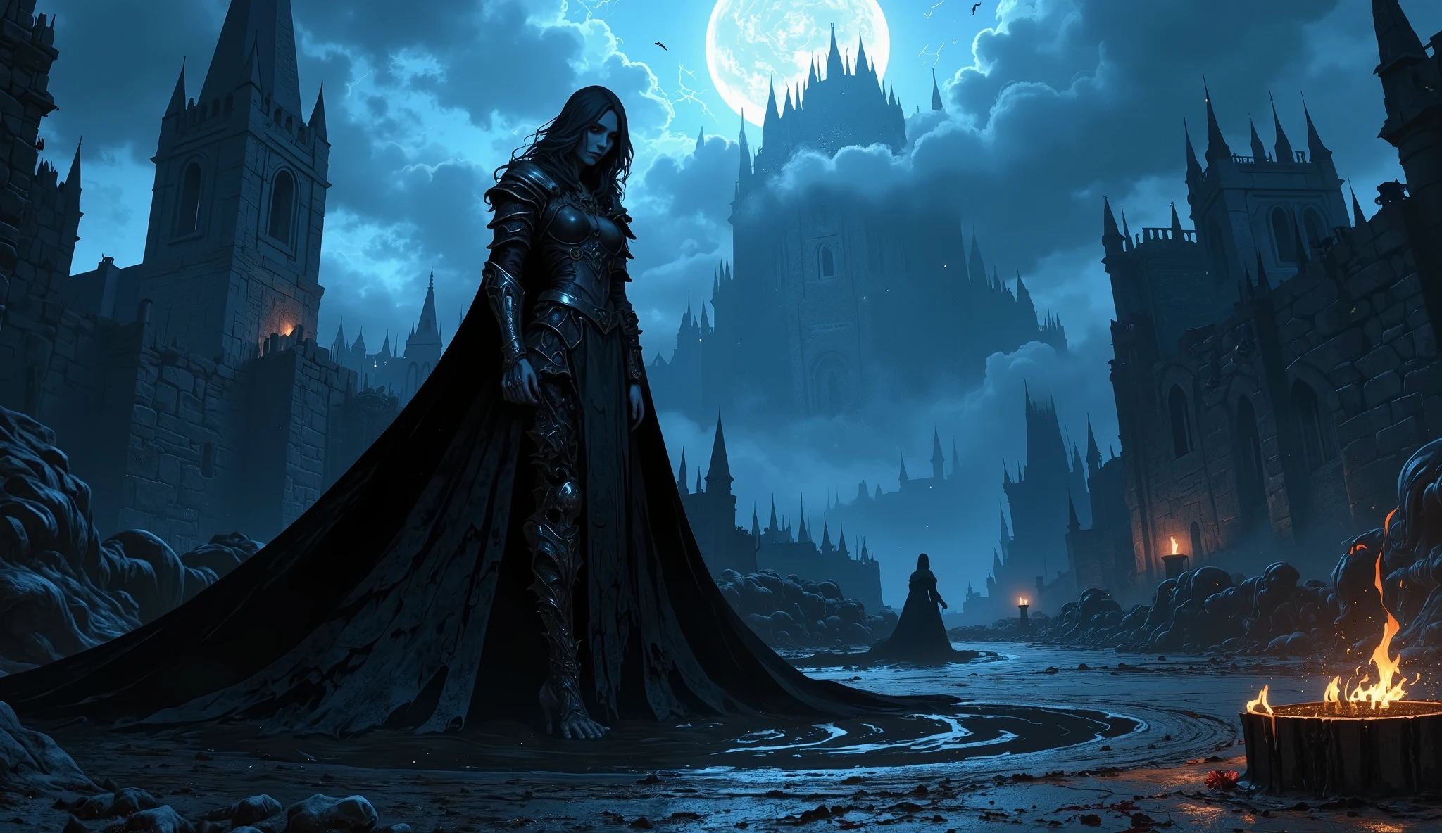 A dark medieval panoramic scene, wrapped in a dense, bluish mist.  in the center, an imposing wizard dominates the scene — his silhouette is surrounded by a cloak that seems to pulsate as if it were woven with bright shadows, adorned by brilliant runes that vibrate with an evil energy. Her eyes are pits of endless darkness, and he wields a macabre staff, made of intertwined bones. At the top, a grotesquely deformed human skull pours a viscous black liquid that flows slowly, as if it were the poison of the underworld itself.

At your feet, a warrior woman kneels in submission, with an expression that mixes fascination and terror. His armor is cracked and scorched, revealing deep scars on his skin, with burnt rune marks that glow faintly — as if it were under a dark spell.

The floor is covered by a ritualistic circle drawn with fresh blood, and skeletal hands emerge from the parched earth, contorted and desperate, trying to grab the warrior. The shadows of the hands stretch from unnatural form, as if they were being pulled by an invisible force.

In the background, a ruined Gothic fortress rises above a stormy sky, its dark towers piercing the heavy clouds. Gargoyles with demonic expressions adorn the walls and seem to move slowly under the intermittent light of lightning.

Close to the ritual circle, cracked wooden barrels spill a thick black beer mixed with blood on the ground, forming disquieting patterns that remind eyes observing the scene. } Twisted iron mugs and brewing equipment old ones — stained copper fermenters and rusty stills — are scattered like macabre relics. The entire scenario evokes the image of a profane ritual for the creation of an amala beer Damned, with the dark liquid flowing as if it were the very essence of darkness.