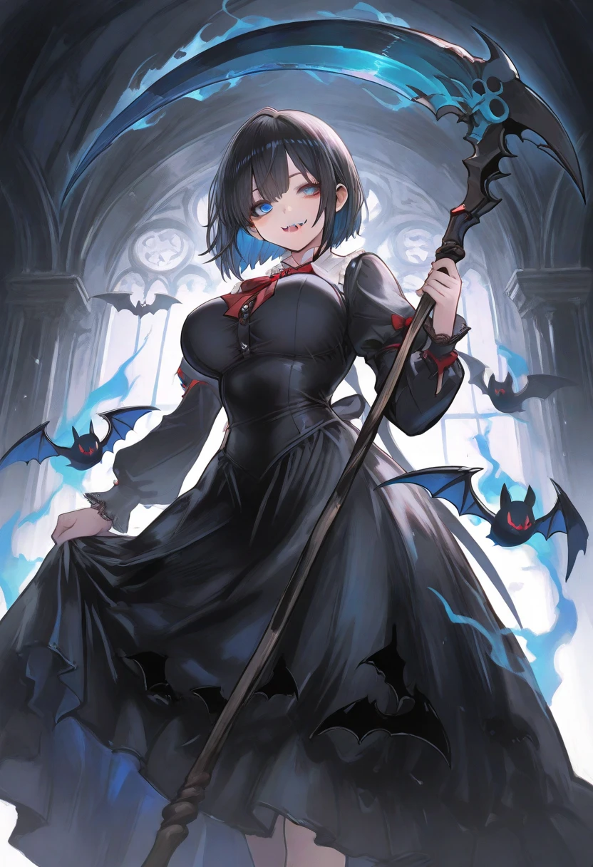 Ancient era, armored, Queen Persephone, blood everywhere, bloodmoon Queen drenched in blood, looking at viewer psychotically, creepy smirk, covered in blood, destroyed village, cursed Triforce, village ruins,