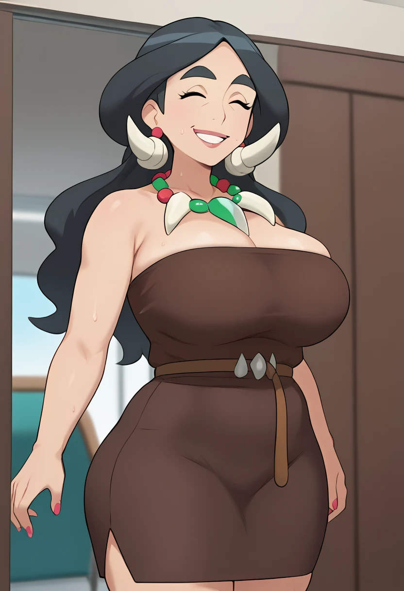 sexy woman, mature milf, brown skin, huge breasts, large breasts, curvy, voluptuous, completely nude, nude, pussy, nipples, black hair, brown eyes, long hair, elf ears, queen crown, necklace, earrings, bangles, red lips, smile, standing, solo focus, castle interior, indoors, fantasy theme, (art by joy ride)