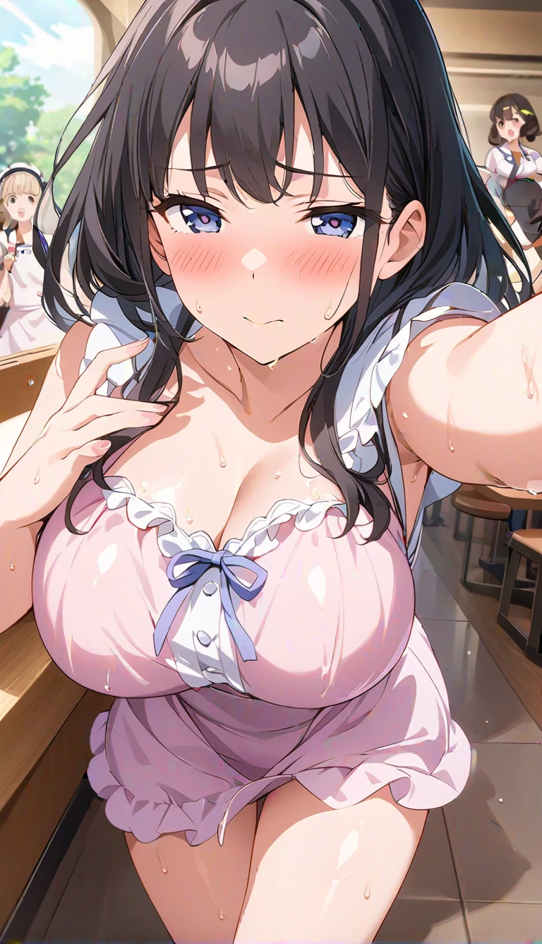 {small breasts},bra lift,waitress,A restaurant full of customers,show off breasts,in front of a man