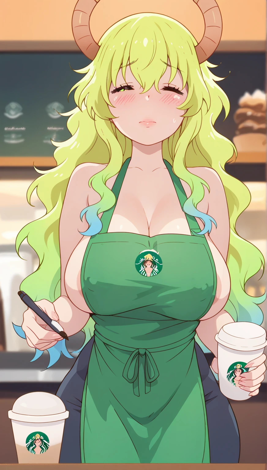 1girl, masterpiece, high quality, in starbucks, in modern coffee shop, green apron, large breasts, blush, naughty, seductive, rounded breasts, looking at viewer, cash register, monitor, c.c. , long hair, green hair, orange eyes, hands on waist,