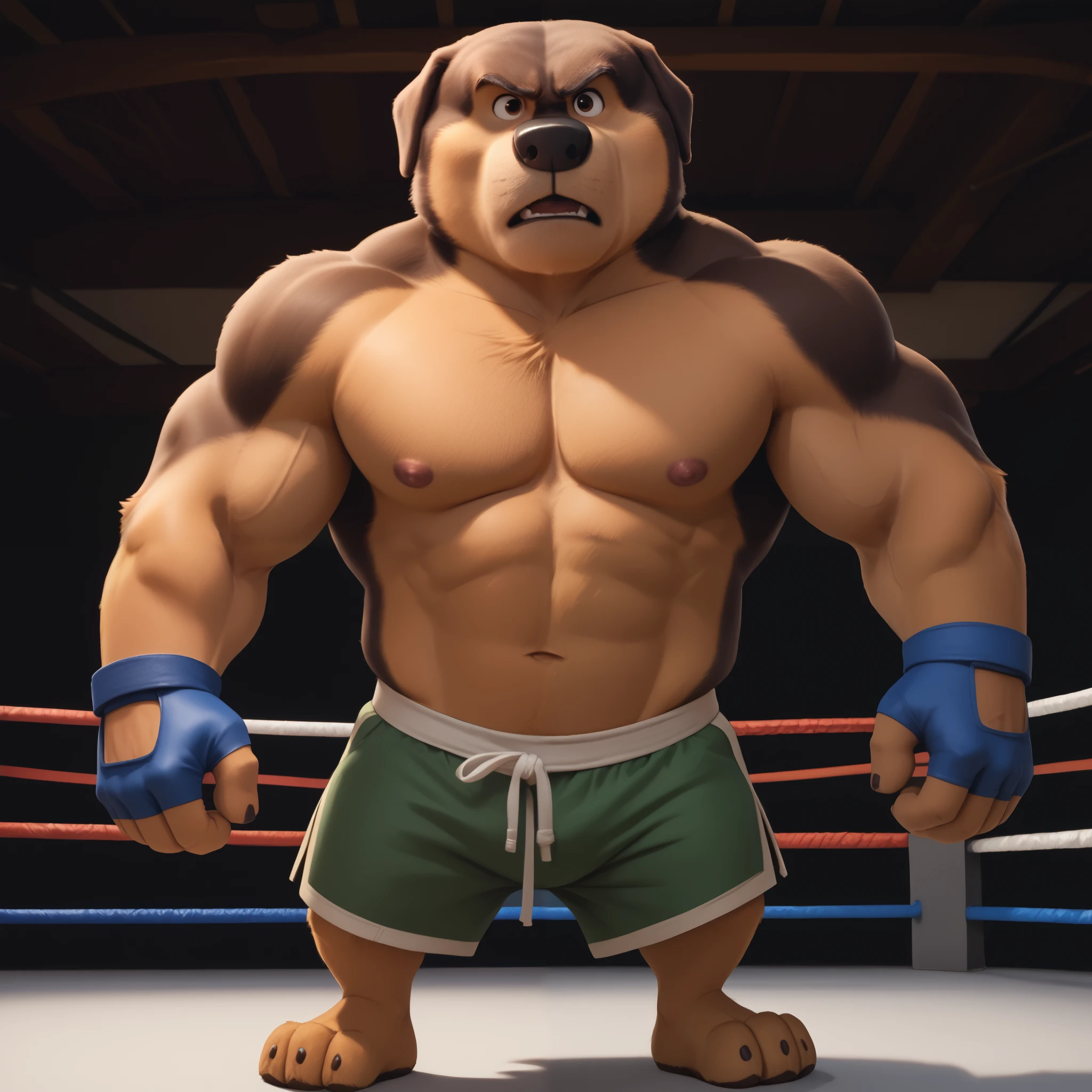 score_9, score_8_up, score_7_up, cartoon_style, ((by BodiPhant0m)), byBodiRDz, 4k, 8k, The best quality, very well drawn, detailed, high quality, detailed, 4k, high resolution, high quality, high resolution, Khampa, detailed, high quality, detailed, 4k, high resolution, high quality, high resolution, furry character, canine, 2d, solo, fighting arena background, rockdog, khampa, style rock dog, movie style, style[rockdog], rockdog, male, Tibetan mastiff, mastiff, dog boy, dog, khampa, Tibetan Mastiff with brown-and-tan fur with tan fur on his muzzle, hands, feet, black nose, brown eyes, middle aged muscular, Height: 6'10", Weight: 358lbs, shirtless, black MMA shorts with green slits, MMA fingerless gloves with knuckle pads, stances, (glare), seething 