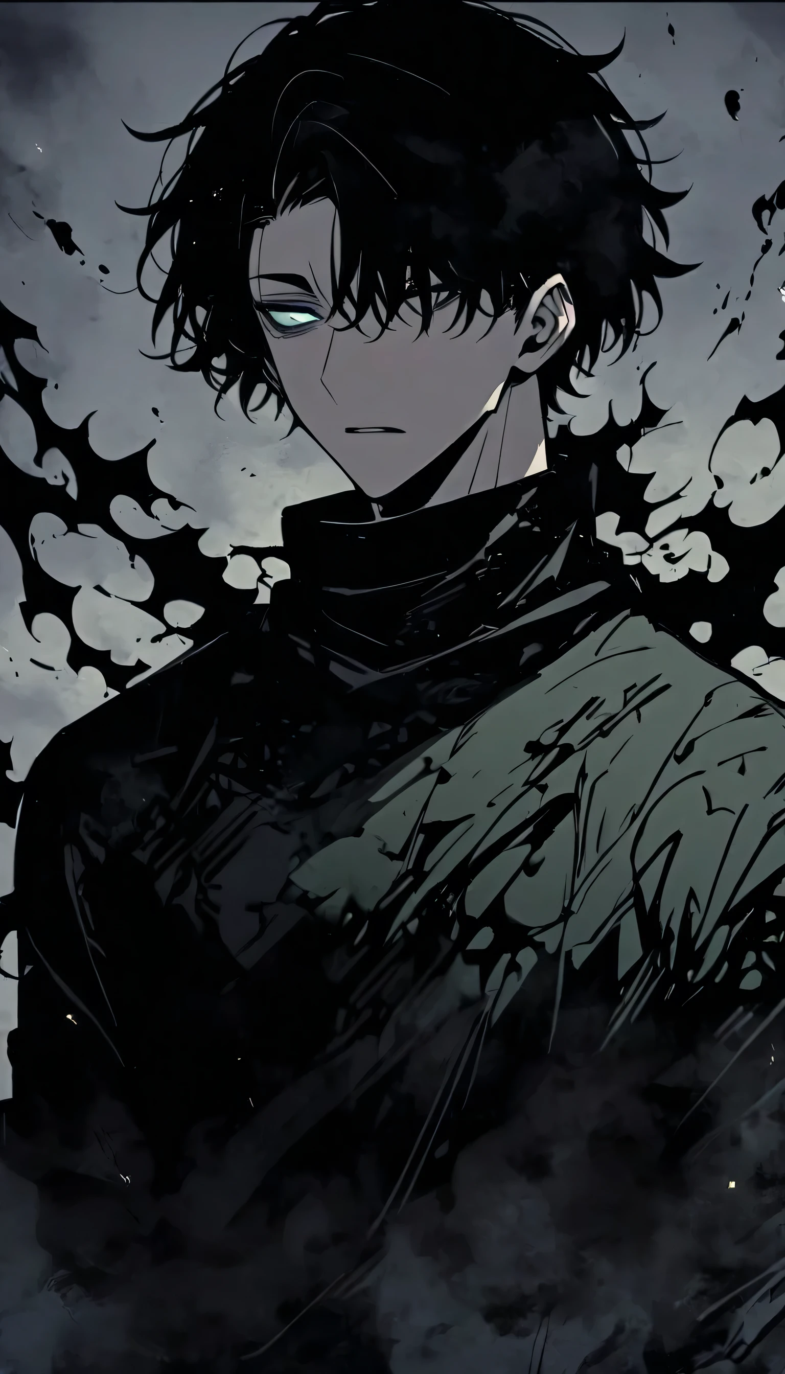 Handsome, alone, male, Short hair,, black hair, black white odd eye, black shirt, black pants, Thick black scarf with green prints , black flame, upper torso