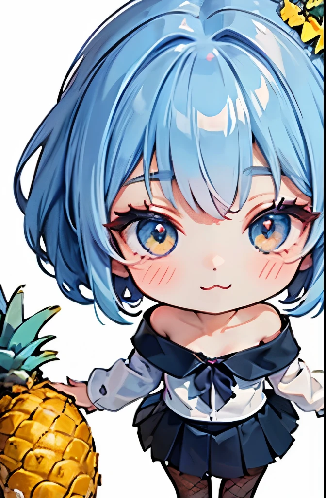 nsfw、super resolution、(Chibi、Little character who likes pineapples、 Golden Eyes、light blue short chignon hair、 sharp face、:3、stupid hair)、Viewer shows、multicolor braided pattern、Super Detailed、absurd、accurate focus、 Galleries、in the morning、black skirt、 Fishnet Pantyhose 、Off Shoulder、goth fashion、white background、An elementary school student with an attractive décolletage 、small chest focus、angle from above、