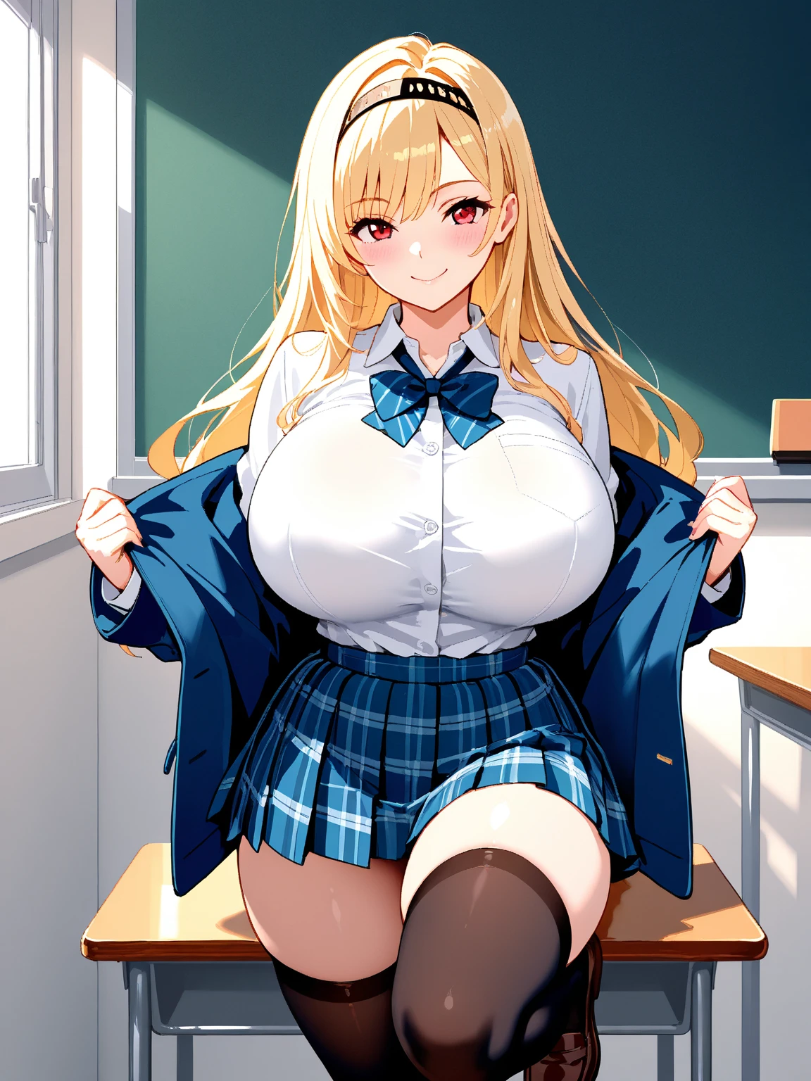 (best quality,4k,8k,highres,masterpiece:1.2), ultra-detailed, UHD, studio lighting, ultra-fine painting,sharp focus, physically-based rendering, extreme detail description, professional, vivid colors, bokeh, sexy woman, huge breasts, large breasts, curvy, voluptuous, blonde hair (straight bangs), sky-blue eyes, long hair, high school uniform, plaid skirt, earrings, grinning, dynamic pose, solo focus, classroom, indoors
