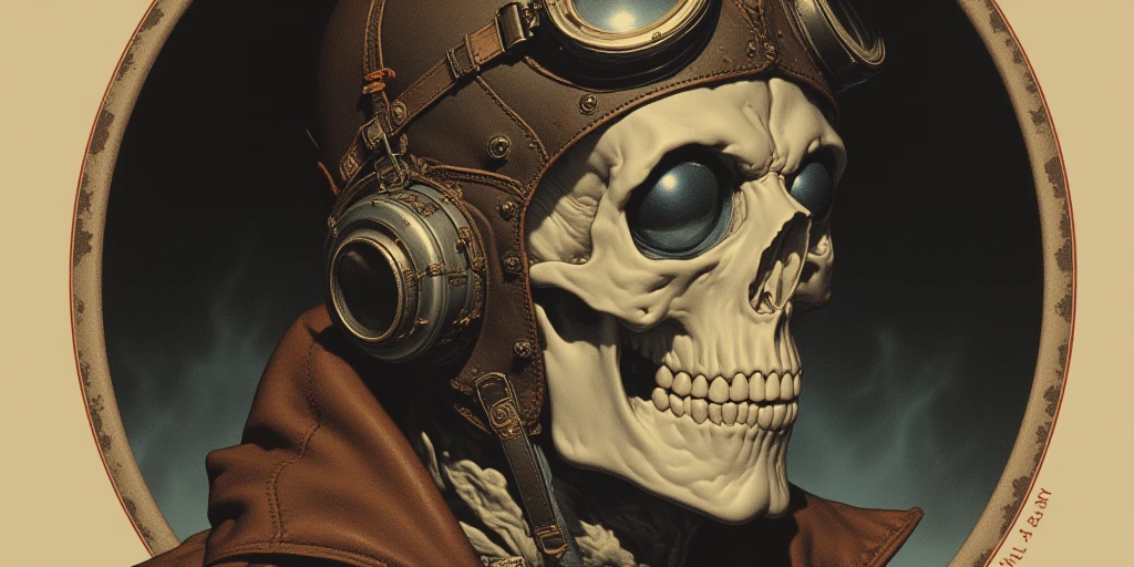(best quality,4k,8k,highres,masterpiece:1.2),ultra-detailed,(realistic,photorealistic,photo-realistic:1.37),oil painting,colorful,brush strokes,dramatic lighting,horror,skull man warrior,aged paper,aesthetic,dripping ink,gritty texture,dark and moody atmosphere,detailed facial features,expressionless face,intense gaze,weathered armor,worn out sword,ancient runes,crow feathers,ominous background,grim reaper vibes,haunting,creepy,macabre,vintage style,monochrome with sepia tones,contrast,depth,texture,old world charm,subtle decay,aged elegance,cracked paint,weathered detailspeated paint,cracked stone texture,long shadows,dusty appearance,creased edges,sculptural quality