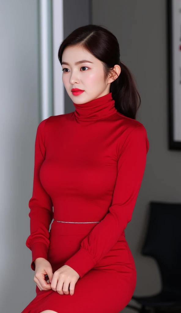 One girl, hikarisena_united states of america, chest,  Sitting, View your viewers, Cowboy Shot,
Dynamite ignition, Attractive body, Wearing a red turtleneck, Black Skirt,
(Ulzzang-6500:0.0), (Ultimate Quality, masterpiece, High resolution:1.0), (photoRealistic, Realistic:1.9),  Nice hands, 