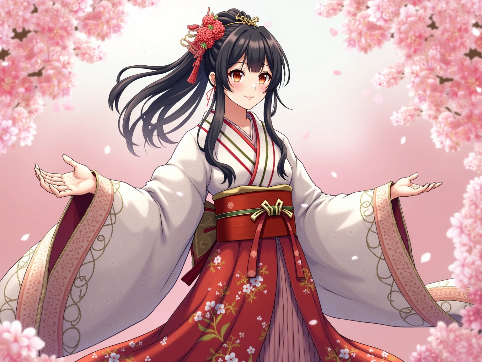 An epic image, very detailed and high-quality kimono by Konohana Sakuya Hime, the highly detailed and high-quality Japanese cherry goddess. The goddess wears a very ornate kimono and her black hair tied back in a complicated traditional Japanese hairstyle. He is standing, with arms outstretched in a cherry field, with cherry petals falling on her like rain. Her image is that of a beautiful young woman, of a delicate beauty.