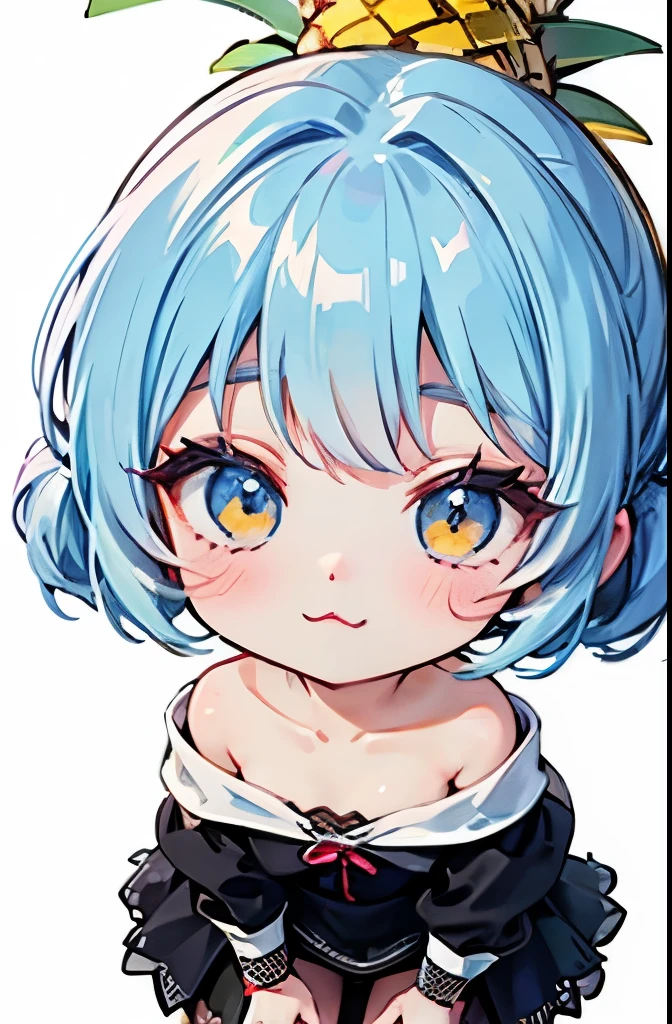nsfw、super resolution、(Chibi、Little character who likes pineapples、 Golden Eyes、light blue short chignon hair、 sharp face、:3、stupid hair)、multicolor braided pattern、Super Detailed、absurd、accurate focus、 Galleries、in the morning、black skirt、 Fishnet Pantyhose 、Off Shoulder、goth fashion、white background、An elementary school student with an attractive décolletage 、small chest focus、angle from above、
