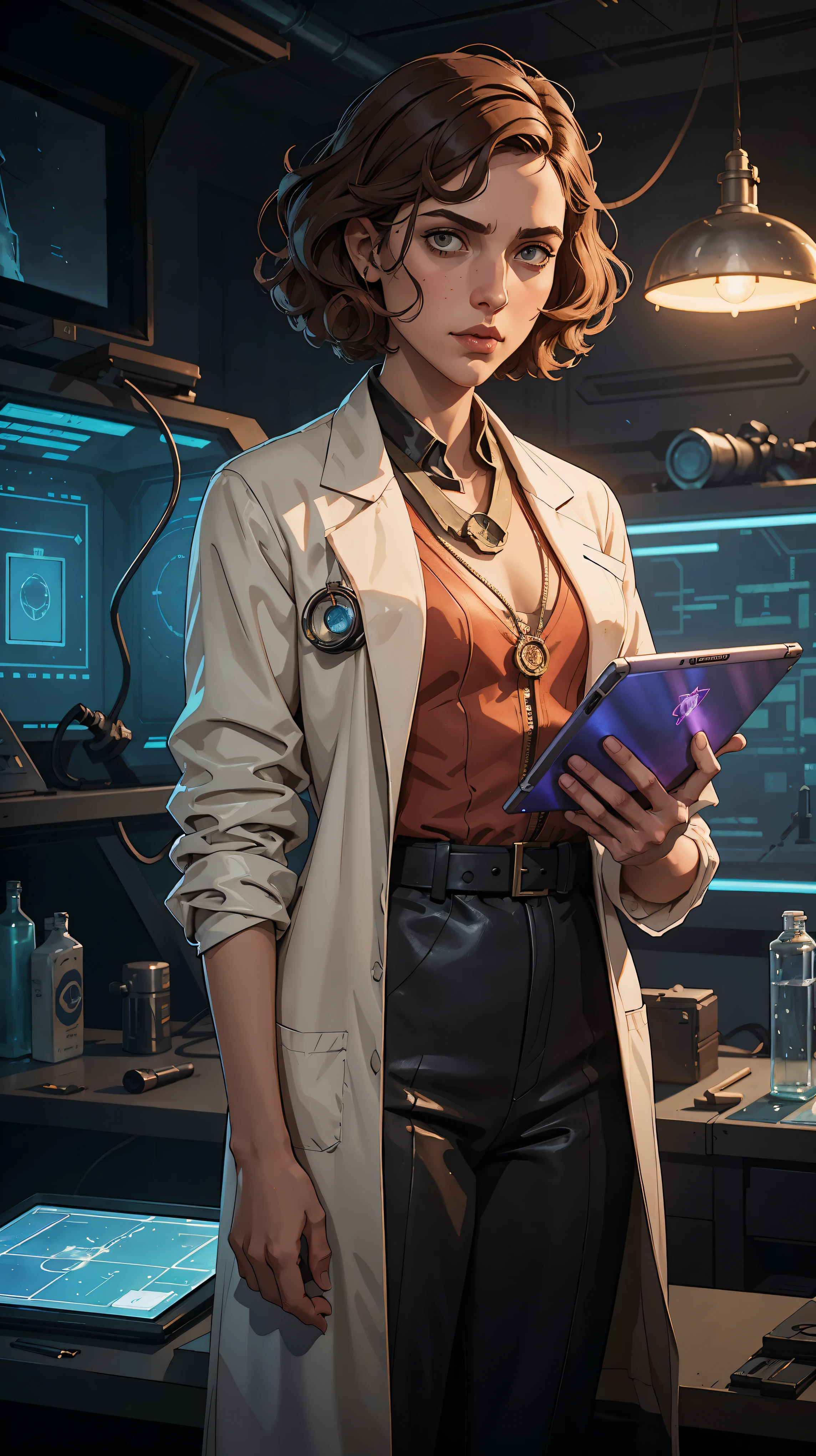 marqual, young female character in a scientist lab coat and holding futuristic tablet, medium length curly bob hair, Watercolor expressionist, disco elysium, dishonored, concept art style, dave mckeans, Warren Ellis and illustrated by Ben Templesmith, standing in a modern engineering lab, ((upper body portrait))
