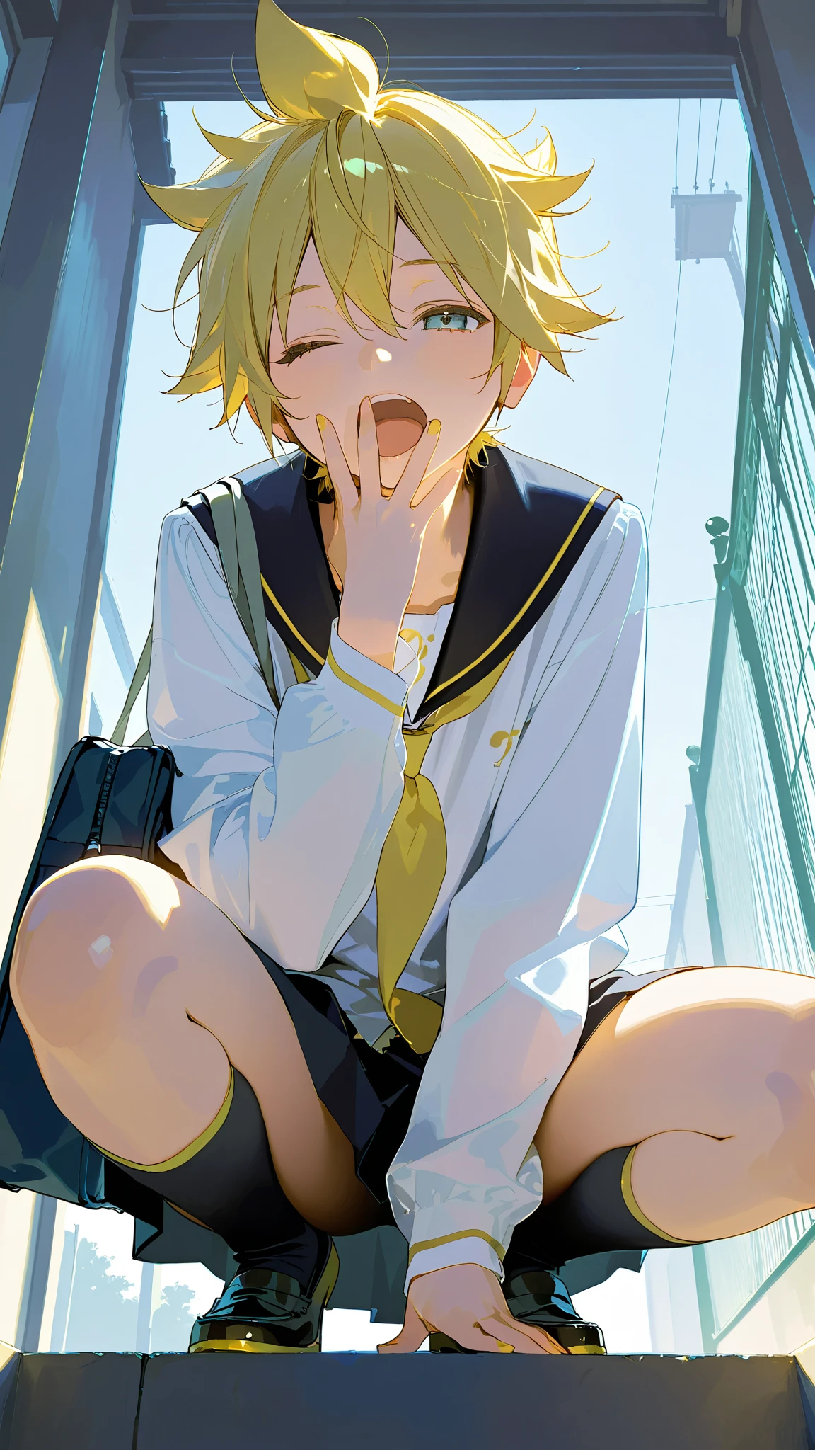 score_9, score_8_up, score_7_up, score_6_up, score_5_up, (masterpiece, best quality), ultra detailed, photorealistic, masterpiece, best quality, high resolution, 1boy, lothed school uniform, school bag, school, main gate, smile, from below, looking at viewer, squatting, one eye closed, big yawning, wide open mouth, tear, sleepy, cover one's own mouth with one's hands, (kagamine len:1.2), Short