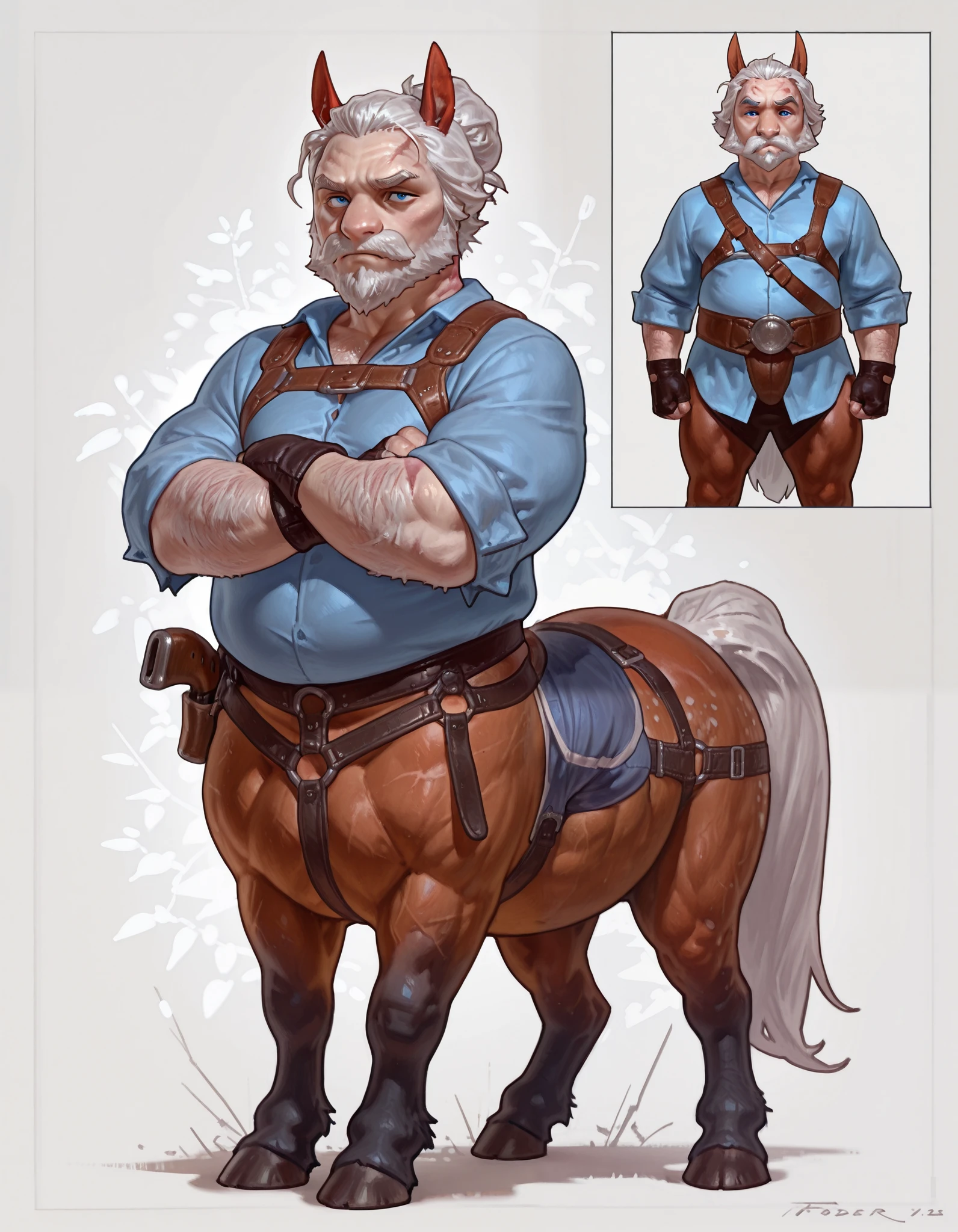 Taran Fiddler, ((An old male centaur who's lower horse body is that of a percheron, and his upper human body is slightly chubby but strong.)) Centaur, male, solo, older male, mature male, grandfather, tall, sstrong, chubby, draft horse body, white fur, grey dappled fur, white hair, hairy, blue eyes, burn scars on arms, mustache, facial hair, short beard bushy eyebrows, grumpy arms crossed, fingerless leather gloves, gun harness, blue shirt, rolled up sleeves, hair bun, docked tail, cropped tail, dark hooves, horse ears, stocky, character sheet, character reference, full body view