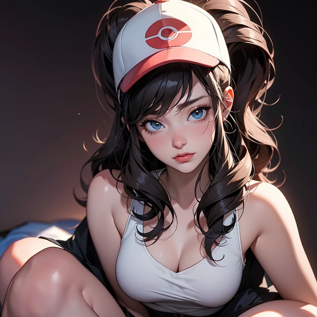 (masterpiece:1.3), (absurdres:1.3), (best quality:1.3), (ultra-detailed:1.3),(best shadow:0.7), (handled hair), perfect anatomy, 1girl, solo, rosa(pokemon), double bun, visor cap, hair bun, long_twintails, brown hair, blue eyes, hair between eyes, large breasts, sightly smile, beltbra, strapless, belt, all fours, pov, from above