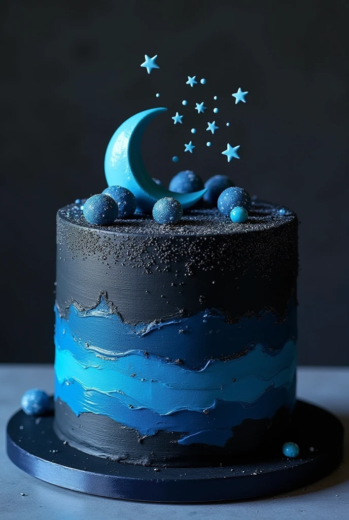 This cake is frosted with deep blues and blacks, mimicking the night sky, sprinkled with small silver and gold candy stars across its surface. A moon - shaped topper sits at the center top, surrounded by a sprinkle of edible glitter, simulating the Milky Way. The edges of the cake are delicately dusted with silver glitter, enhancing the celestial theme