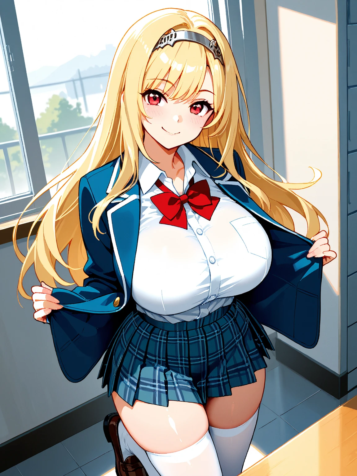 masterpiece, best quality, absurdres,
BREAK,
1 woman, RED eyes, solo, mediu_breasts,
{clear face,Ultra_Smile,HAPPY},
library:1.5, black slacks, black suits vest:1.5,
shiny blonde hair with straight collar,
(RED Ribbon on HAIRband:1.2),BREAK,
white collared shirt, sleeves rolled up:1.5,
BREAK,
red necktie,
{walking|sitting on chair|standing|squatting|hand in pocket|reclining|leaning forward|bent over| hand on own chin| facepalm| breast hold| crossed arms| hands on hips| interlocked fingers| hand on own cheek| head tilt| adjusting necktie| shushing},
{looking at viewer| looking away| looking back},
{ upper body| cowboy shot| feet out of frame |far from viewer | very close to viewers| wide shot}, {dynamic angle|dramatic angle|low angle|cinematic shot|from up side|intense angle|from side|from above| from below|upper body, cowboy shot,