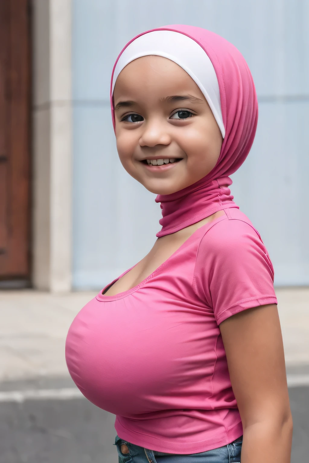 Strapless Jumbo (Fatty), adorable, (1 girl), (face to face), , baby face, happy, half body portrait, (face details: 1), (eye details: 1), ((big breasts Solid:1.44)). wearing translucent (transparent) transparency (soft short t-shirt cropped) , hijab, .. Cute posed. proportional body. Ultra High Res. realistic: 1.4, UHD, view from side seductive pose, (LITTLE SMALL GIRLS:1.64) 