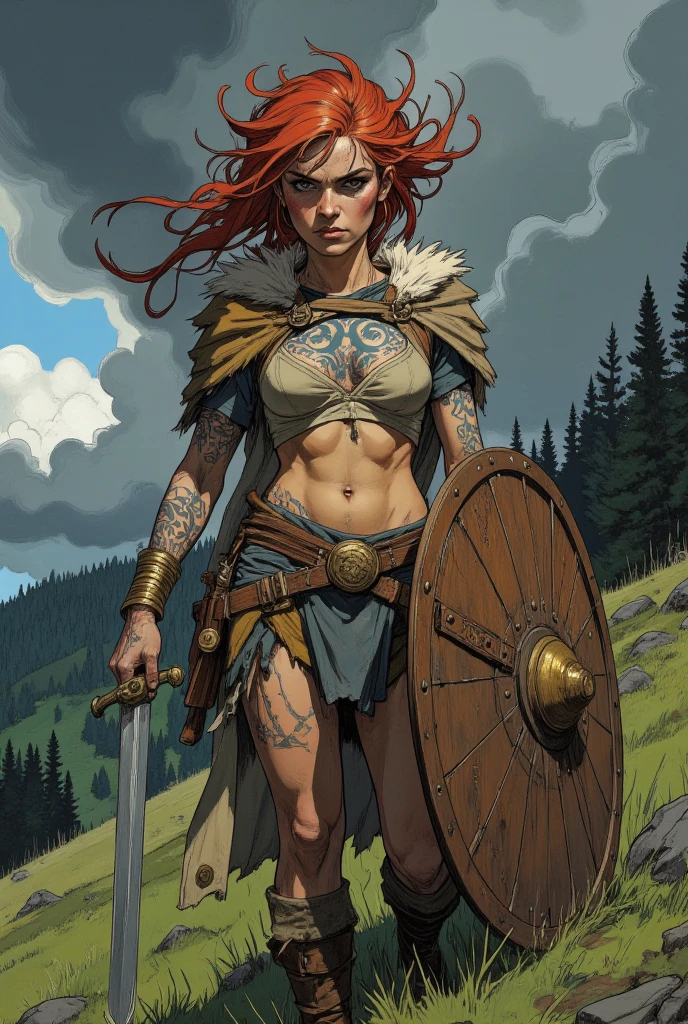 Full body image of Boudicca, the legendary Norse queen with long curly red hair, snow-pale skin and muscular, wearing silver armor with bony aspects in Wind snow