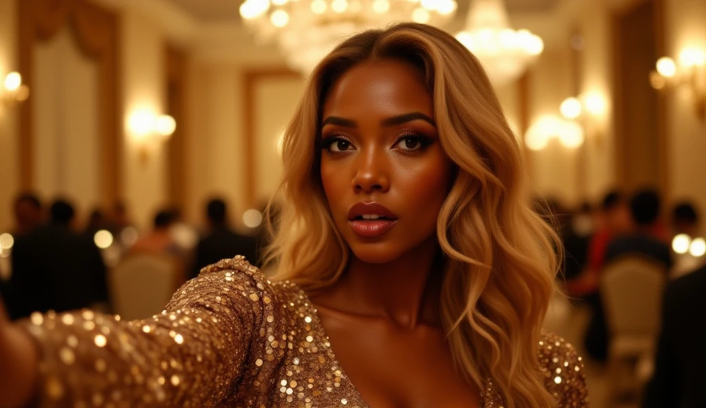 (selfie shot, from above: 1.4), (half-body portrait: 1.4), 24-year-old black mixed-race woman (green-eyed woman),beautifull black long hair with blond highlights, walking in a bar RAW uhd portrait photo, natural big breast_b, city background at night, (yellow sundress), (crack), detailed (texture!, hair!, shine, color!!, flaws: 1.1), highly detailed glowing eyes, (looking at camera), specular light, dslr, extreme quality, sharp focus, sharp, dof, Film grain, (centered), Fujifilm XT3, crystal clear, center of frame, cute face, sharp focus, street lamp, neon lights, bokeh, (dark light), low key, night, (night sky ) detailed skin pores, oil Dark skin, brown, complex eye details