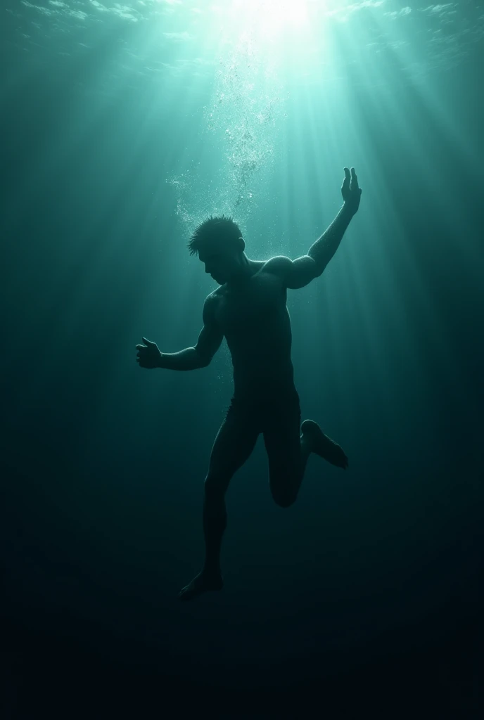Man falling into the depths of the sea body looking up lying down (with one hand up)