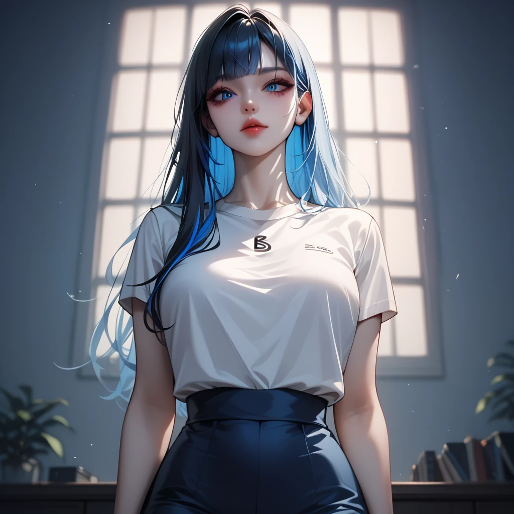 ((masterpiece)),(best quality),(detailed),(1girl),  blue hair, blue glowing eyes, Updo, white shirt, black skirt, looking down on the viewer