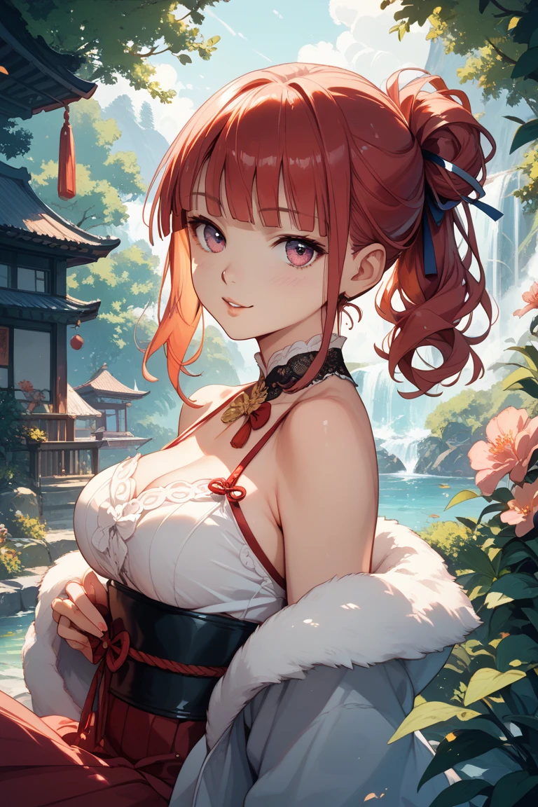A beautiful woman, legendary, ((((Realistic oil painting, 46 year old queen, Vibrant look, (( Red Hanfu, wuxia, Dance, dance, humble)), The Peak, 1 Girl, masterpiece, Extremely detailed, (Beautiful and delicate light), lens flare, Red spot lens, sun flare, cloud, Backlight, (Blue sky)
, There is light behind it, Shadows on the characters, Crystal snow ,Smile, laughter, Standing far away, Looking at the audience, full length
, elegance under the sun, Hair accessories, sports sports, Images look lifelike, Perfect body, Very large breasts, (((Large Breasts，Cleavage)))Big butt, Pretty Face, milf, Royal, Red Hair, shining eyes, blue eyes, Ponytail long hair style, beautiful skin, Extremely fine hair, Fine details, Movie Lighting, Beautiful lighting effects, creative design, Full body frame, Holy Aura, hard harmonious , sun light, Perfect color transition, Perfectly balanced contrast, Perfect color layer, Perfectly smooth color blur, Soft Rendering, Smooth color strokes, moonlight, Optical lenses, moonlight射线, Soft colors, Soft color mix, Perfect color rendering, harmonious, perfect color harmonious, beautiful color, soft harmonious, Light Particles, perfect details, Intricate details, Color prism, Fine details, reFine details, Different perspectives, Extremely detailed clothes))), Tachibana Daimyo Art Style, Affectionate gaze, half a Smile, Open your mouth slightly, A gentle expression on his face, Peaceful view of flowers under snow, snow flake floating around, calm, breeze and sunlight, sun, lake, reflection, in the background, Butterflies in the sky, realism, ((best quality))),8k,((masterpiece)),(Extremely exquisite and beautiful)