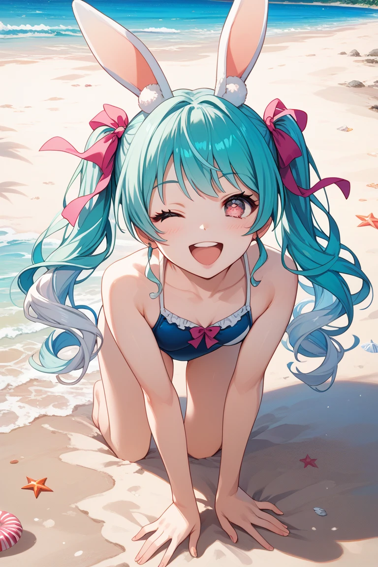 One beautiful girl、Hatsune Miku、、Small breasts, B cup、How tall are you１７２㎝、Weight is４５㎏、Slim figure、、Wearing a blue one-piece swimsuit、Her posture is as beautiful as a lily、Active on the sandy beach、/She is work on the beech./Green Eyes、long green hair、laugh、Very cute smile、Look at me with a gentle gaze and say hello、The work is shot from above、A worldview centered around girls、draw in detail、A girl１background４Draw at a ratio of、4K、８K、Highest quality、Altitude Resolution、Ultimate Painting、Highly original works