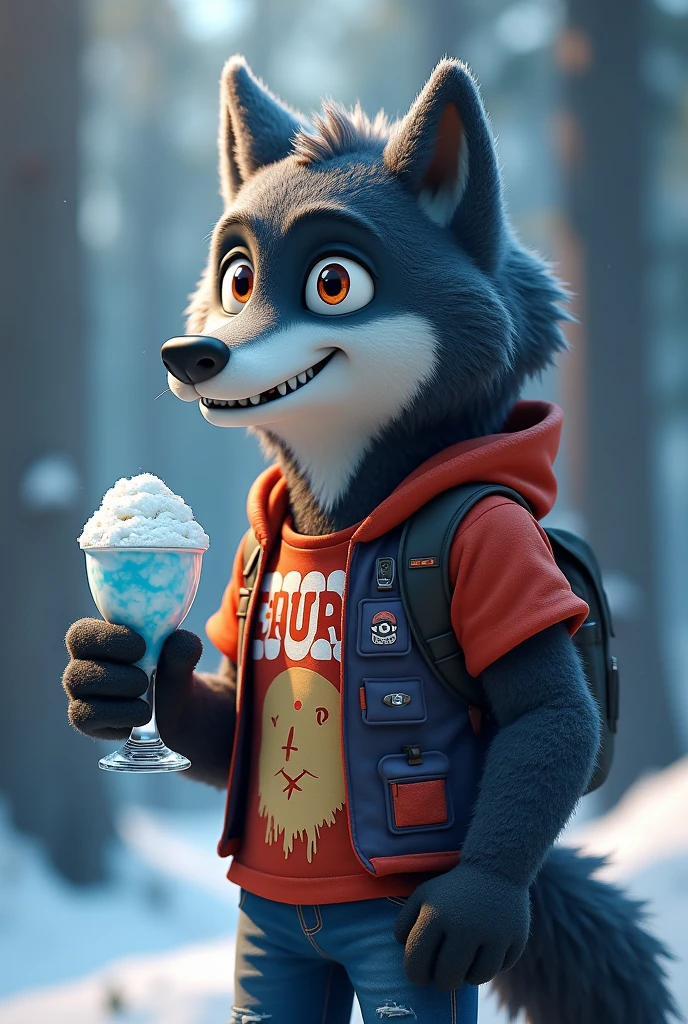 I would like to generate an image of an animated wolf, But with a real aesthetic that sells snow in a glass, Wear a t-shirt that says BUAP , Make it look more real, with an aggressive touch and with an ice cream on the side, Make it louder and stronger that it looks impressive, that looks more masculine
