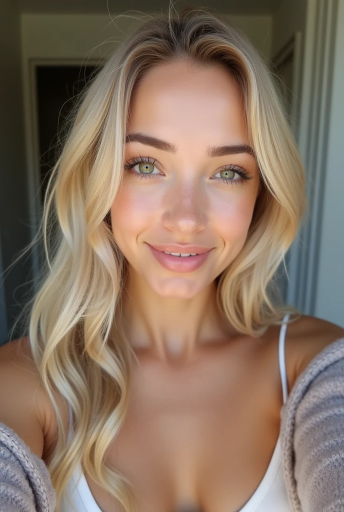 Une femme dans un T-shirt et une culotte assortis, fille sexy aux yeux bleus, Portrait Sophie Mudd, Portrait de Corinne Kopf, blonde hair and grand eyes, Selfie d'une jeune femme, Sans maquillage, maquillage naturel, Regarder directement dans la caméra, Visage avec Artgram, maquillage subtil, Excellente photographie du corps entier, dans une salle, grand , blond, Latin, seins exposés, Chemise torse nu, Seins dehors, poitrine ouverte,