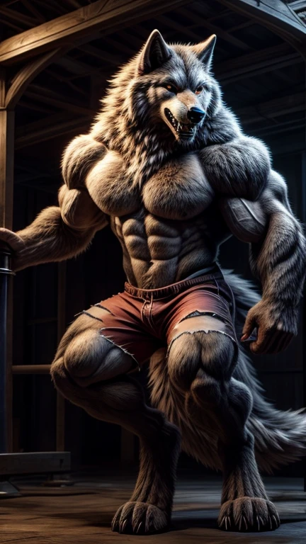 Um homem semelhante a um lobo, sozinho, macho, corpo musculoso, corpo suado , capa , luvas, large bulge in underwear, pose displaying the muscles, peitoral grande, coxa grande , in a setting in the living room sitting on the sofa,lobo Death (Puss in Boots), usando capa, segurando par de foices, olhos vermelho, sorriso macabro