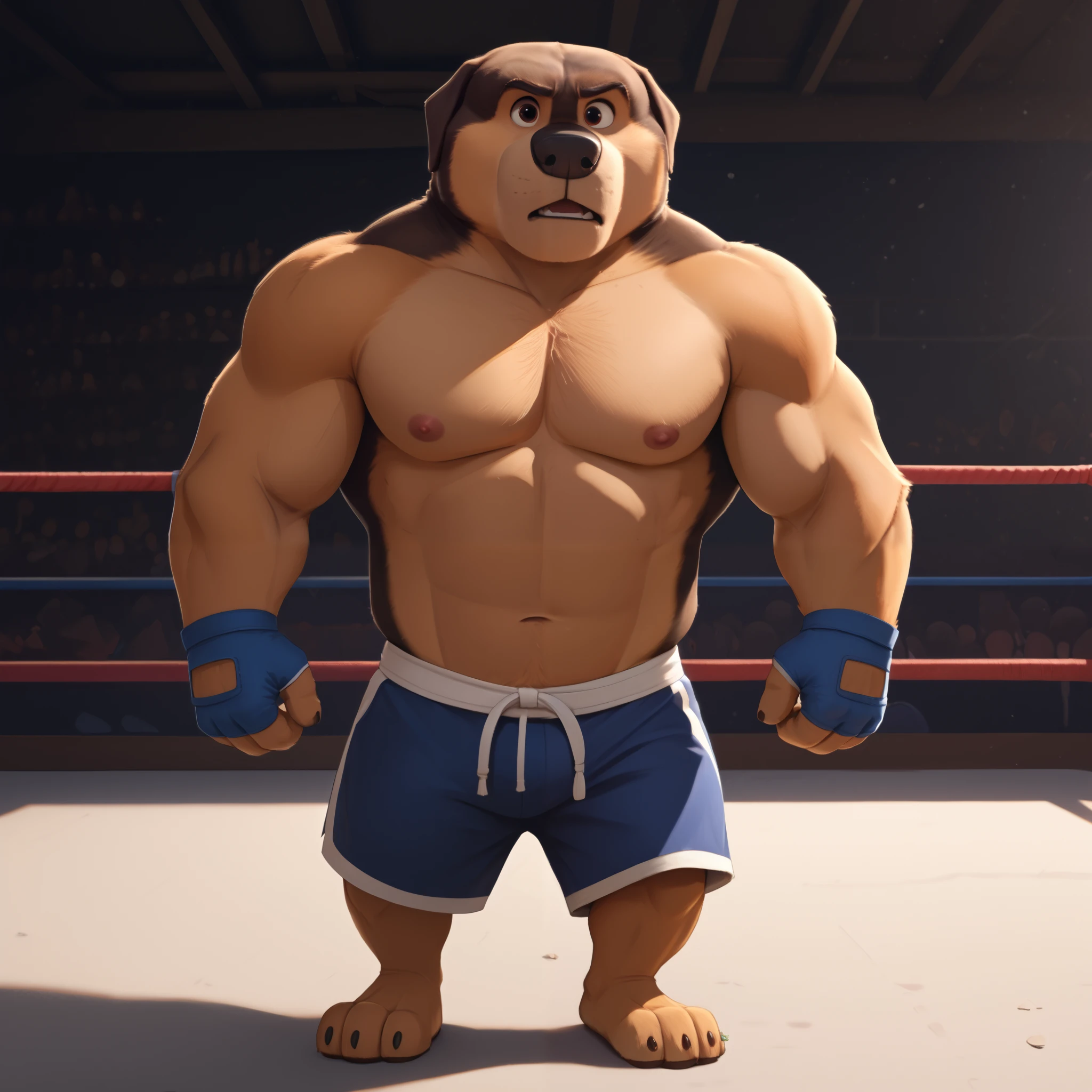 score_9, score_8_up, score_7_up, cartoon_style, ((by BodiPhant0m)), byBodiRDz, 4k, 8k, The best quality, very well drawn, detailed, high quality, detailed, 4k, high resolution, high quality, high resolution, Khampa, detailed, high quality, detailed, 4k, high resolution, high quality, high resolution, furry character, canine, 2d, solo, fighting arena background, rockdog, khampa, style rock dog, movie style, style[rockdog], rockdog, male, Tibetan mastiff, mastiff, dog boy, dog, khampa, Tibetan Mastiff with brown-and-tan fur with tan fur on his muzzle, hands, feet, black nose, brown eyes, middle aged muscular, Height: 6'10", Weight: 358lbs, shirtless, black MMA shorts with green slits, MMA fingerless gloves with knuckle pads, fights,  