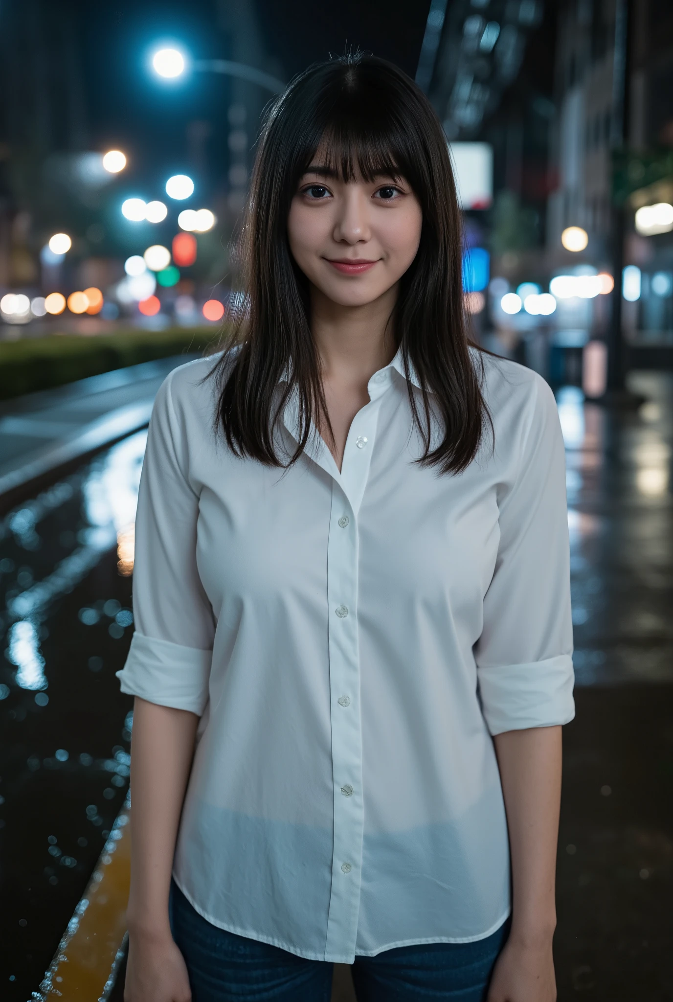 (mature adult woman wears a1By people),beautiful black hair,super straight hair,With bangs,long hair, realistic person images in dark waters,Realism,Best Quality,mastepeice,best quality,Highest Image Quality,highest resolution from vagina,fine details that are glaring at me,Beautiful detailed face,black eyes,((realistic skin quality)),((It rains in the downtown area late at night)),detailed background,( accurate body),(perfect body),(((upper body))),((Realismのある肌)),(smile),((super big )),((large breasts)),((wear a wet white shirt and jeans)),(((it rains in the downtown area at midnight