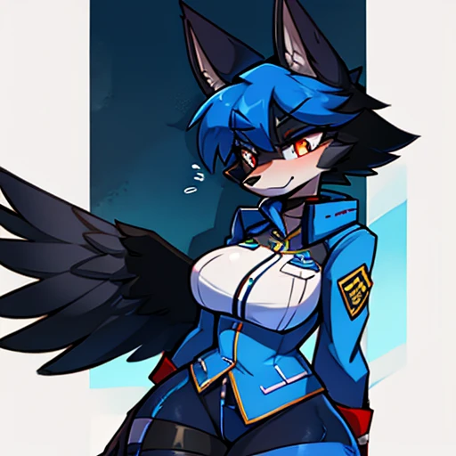 top quality, best quality, by bahnbahn, High-quality illustrations, masterpiece, shading, light)(kemono, furry anthro, alone), round, 1 female, Mecha Dragon, blue visor, blue glow, cybernetic body, android body, slim body, big breasts, perfect eyes, police clothes
