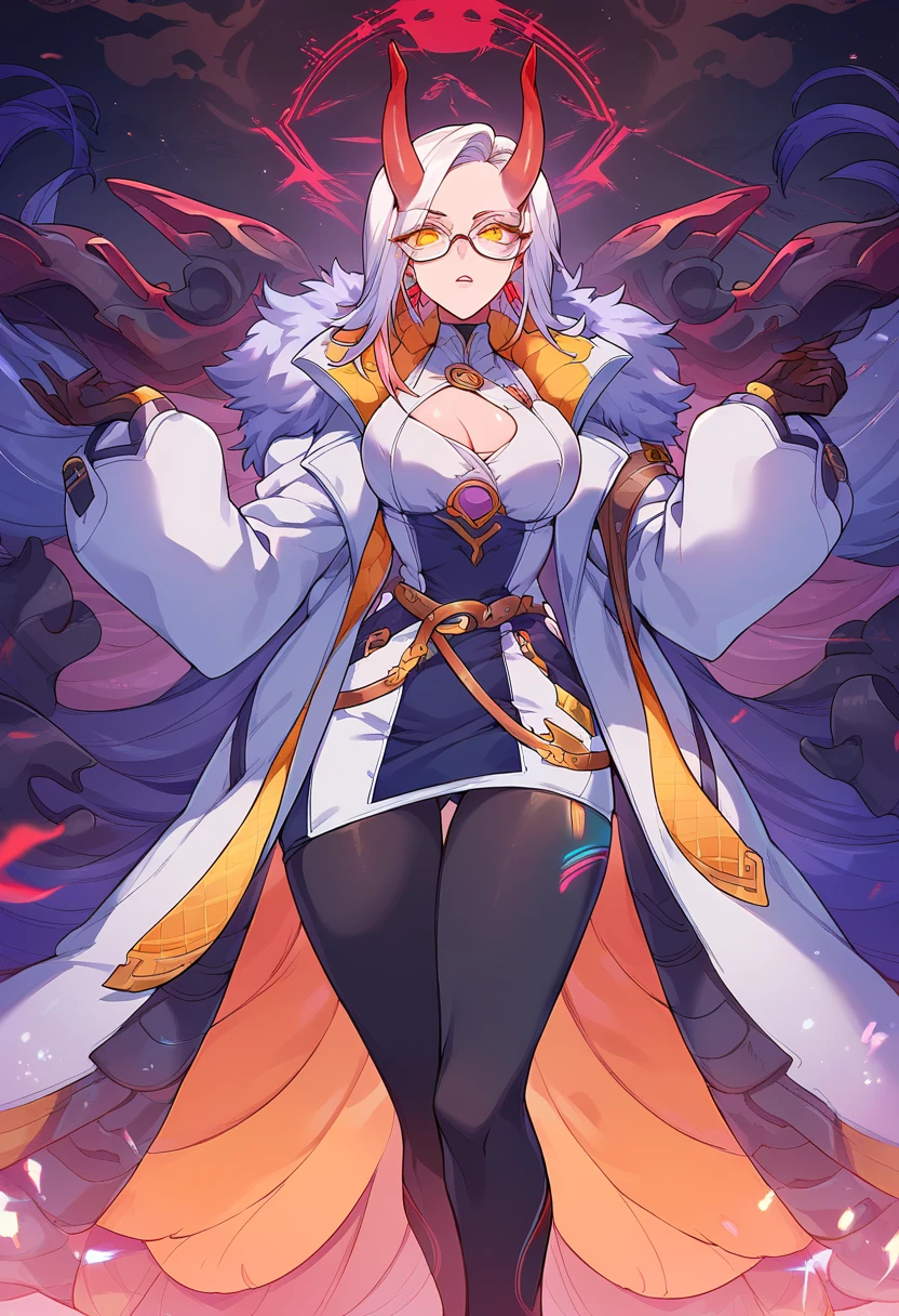 2d, masterpiece, best quality, anime, highly detailed face, highly detailed eyes, highly detailed background, perfect lighting, full body, 1girl, solo, kaela kovalskia, tall, red-tinted eyewear, eyewear on head, fur trim, white dress, bodysuit, gloves, red hairband, large breasts, snow