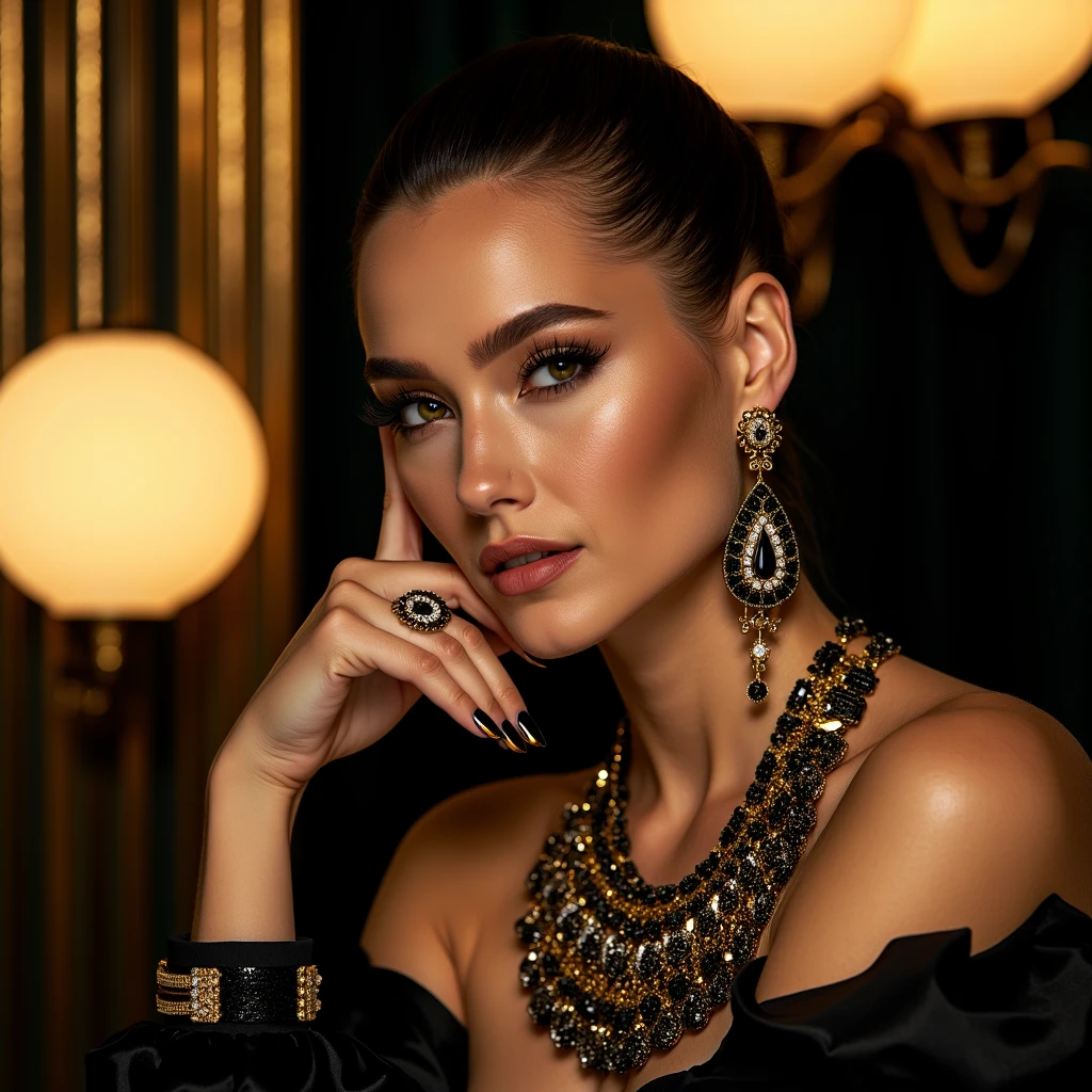 Create an alluring image that seamlessly blends the opulence of intricate gold jewelry with the dynamic representation of fluctuating gold prices, showcasing elegant gold necklaces, rings, and bracelets alongside subtle visual cues like charts or symbols that symbolize the essence of the ever-changing gold market