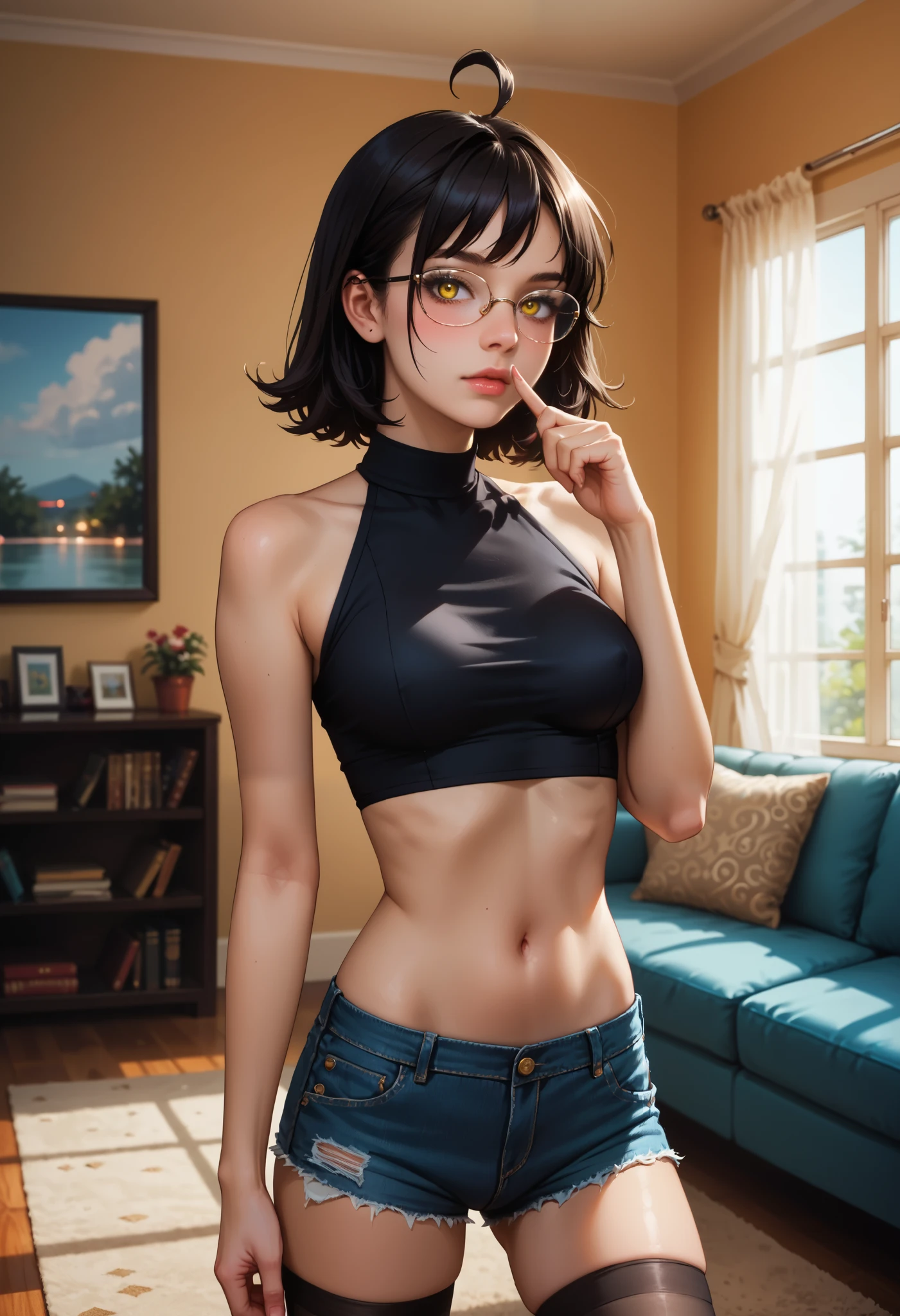score_9, score_8_up, score_7_up, source_anime, (1 girl), thick outlines, (vibrant) deep shadows, ((medium breasts)), detailed eyes, mz, (dark hair), ((ahoge)), yellow eyes, skinny body, full height, (high quality), beautiful hd background, living room, high detailed background, (realistic shadows), HD shadows, glasses, masterpiece, (slim waist), shy face, high detailed face, high detailed finger, warm knitted high stockings, assimetrical crop-top, huge neckline, microshorts