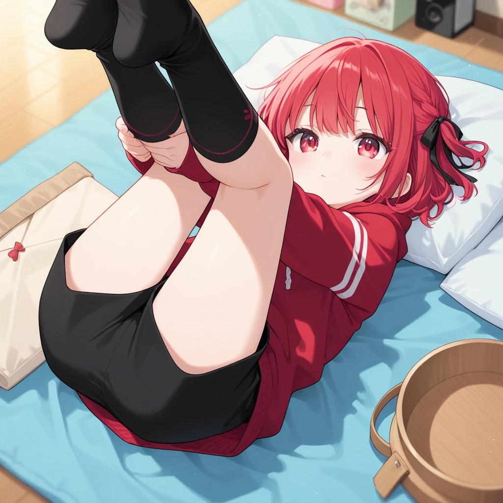 (masterpiece, best quality, ultra-detailed, high resolution, perfect anatomy, detailed, highres, extremely detailed, ultra detailed, very aesthetic:1), (kyoto animation:1.3), (soft shadows), (high quality skin), yuuki_yuna, Yuki Yuna is a brave man, (1girl, solo, hair ornament, red eyes, hair between eyes, White hair ribbon, bright red hair, side ponytail:1.2), (hand in panties:1.4), (squatting, spread legs:1.1), (ahegao:1.2)