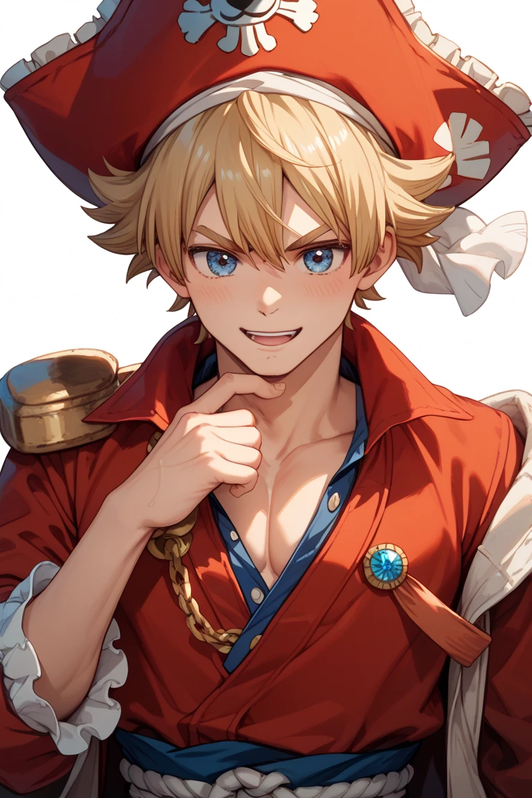 absurdres, highres, ultra detailed, HDR, master piece, best quality, Hawks, ash-blonde hair, expressive golden brown eyes, faint stubble, red wings, Boku No Hero Academia, solo, sexy man, handsome, horny, lewd, black hat, fantasy black pirate clothes, accessories, showing the chest, beach, sea, petals, flowers