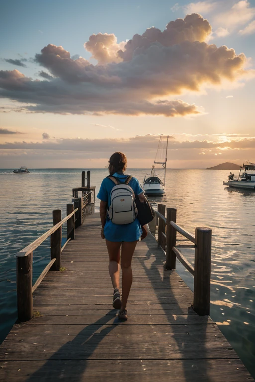 Woman walking on a wooden bridge over the peaceful sea